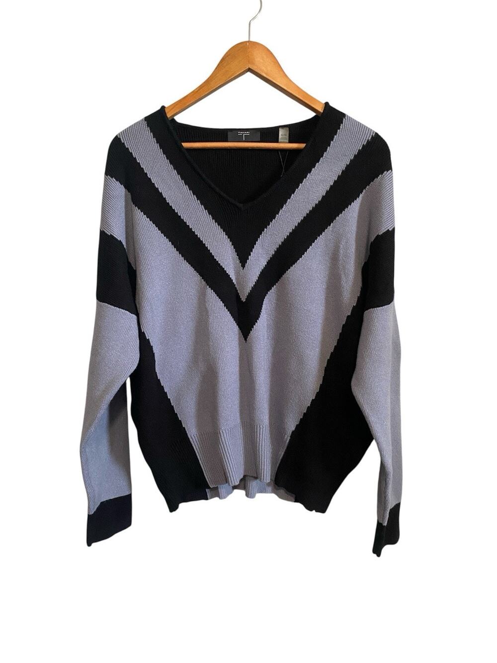 Tahari Black Mid Steel Blue Vneck Long Sleeve Sweater XL NWT Stretchy Sorority